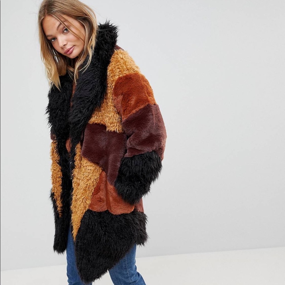 Somedays Lovin Heavy Hearts Faux Fur Coat Jacket XS Colorblock Free People